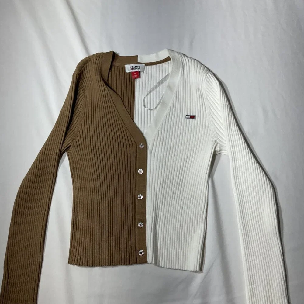Tommy Jeans Two-Tone Ribbed Knit Button-Up  Size S Cardigan In White & Brown - Picture 3 of 10